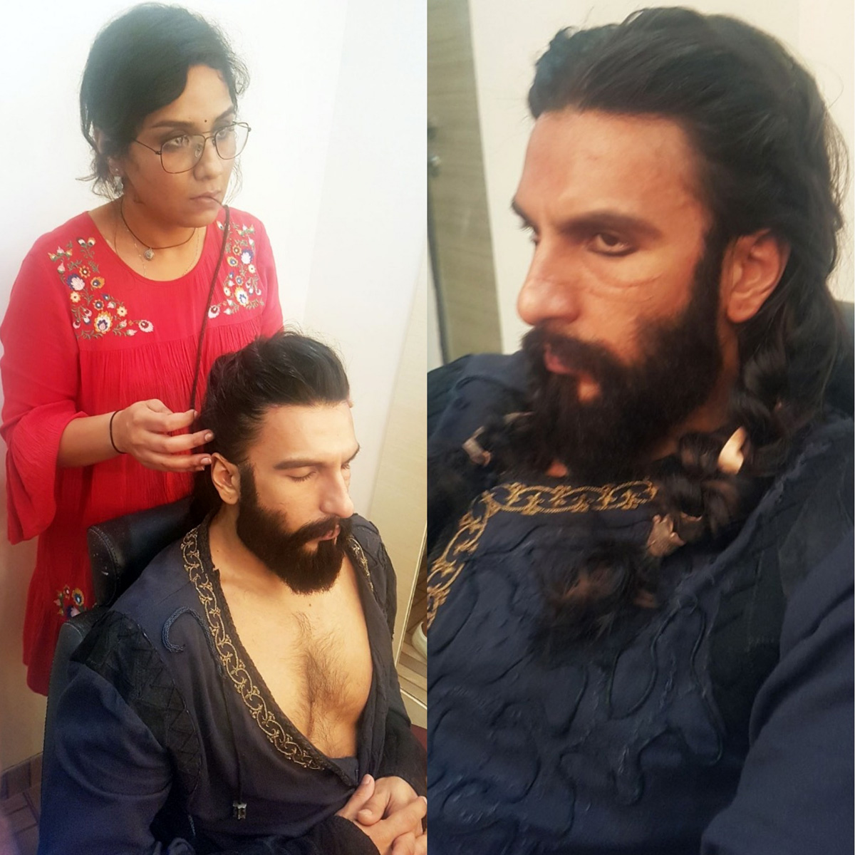 Preetisheel Singh working on Ranveer Singh's look on the sets of Padmaavat. Collage 3.